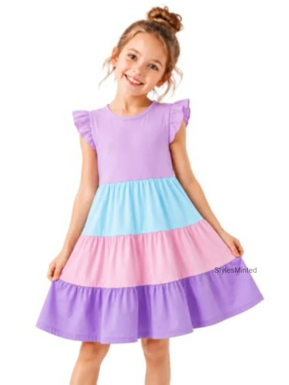 Girls Cotton Tiered Sundress Flutter Ruffle Sleeve Swing Party Outfit